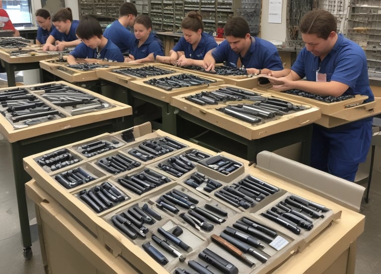 Warehouse team carefully assembling kits with packaged products ready for shipment.