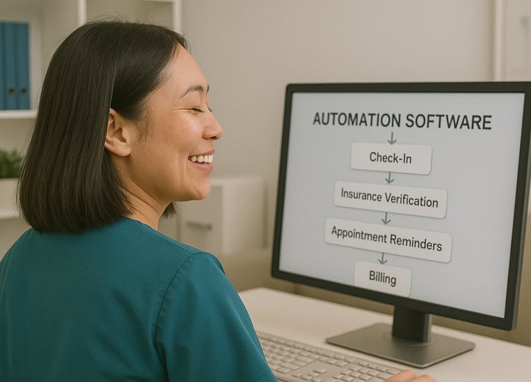 Medical receptionist in scrubs relieved as workflow automation organizes tasks.