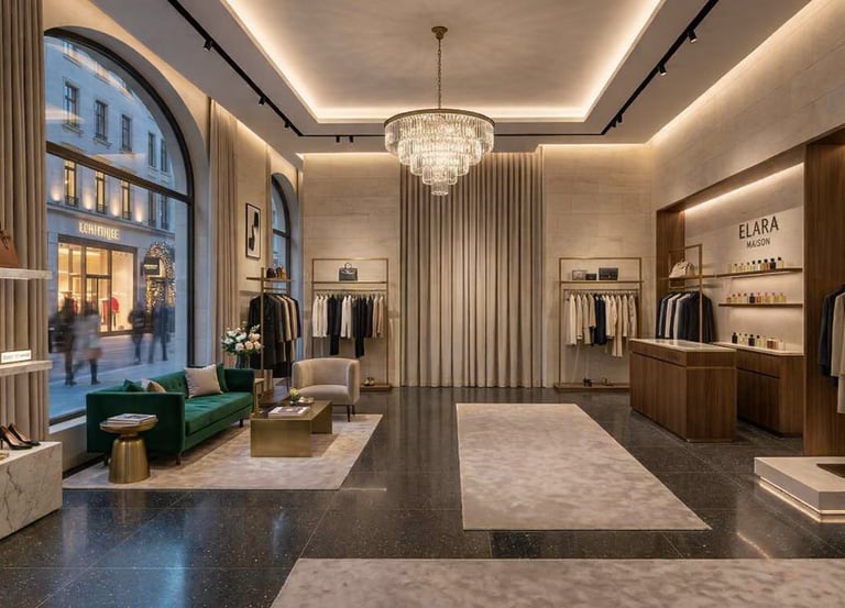 Luxury fashion boutique designer , crystal chandelier, and Magnetic Track lighting