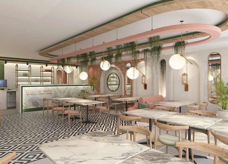 "Modern restaurant interior with marble tables, geometric patterned flooring, and circular hanging l