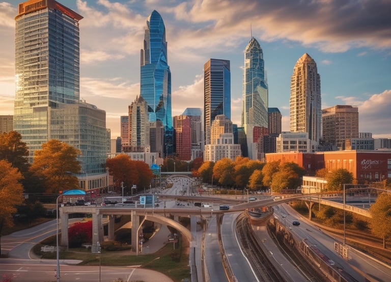 A scenic view of Charlotte skyline with service vehicles ready to assist nearby neighborhoods.
