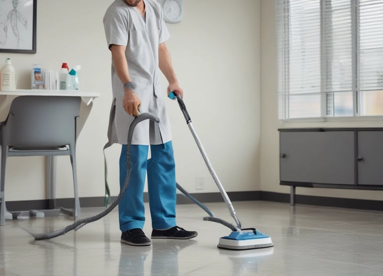 A person in a cleaning uniform is pushing a floor cleaning machine in front of a large wall made of blue-tinted glass blocks. The shadowed silhouette of another person is visible in the foreground, captured mid-step, creating a dynamic sense of motion.