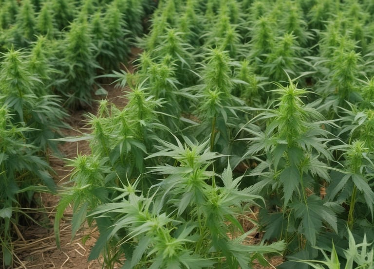 Two boxes of Pharma Hemp Complex natural hemp oil are placed on a surface surrounded by green leafy plants and moss. One box has a blue and white design, while the other features a gold and white design.