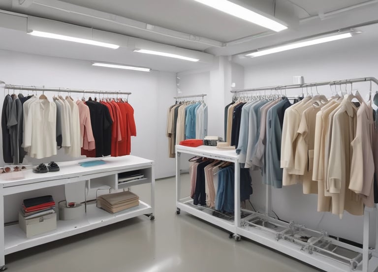 Two mannequins in a store window display are dressed in light, casual clothing. One wears a long white cardigan over a beige knitted top and light trousers, complemented by a tan shoulder bag. The other mannequin is dressed in a green floral blouse with buttons and wide brown trousers. The display reflects urban street scenery in the glass, adding layers to the image.