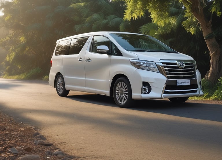 A sleek white van parked near a lush golf course under a clear blue sky.