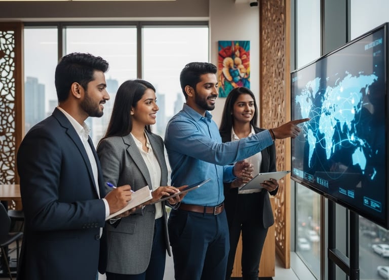 a group of CMI graduates standing around a large screen tv