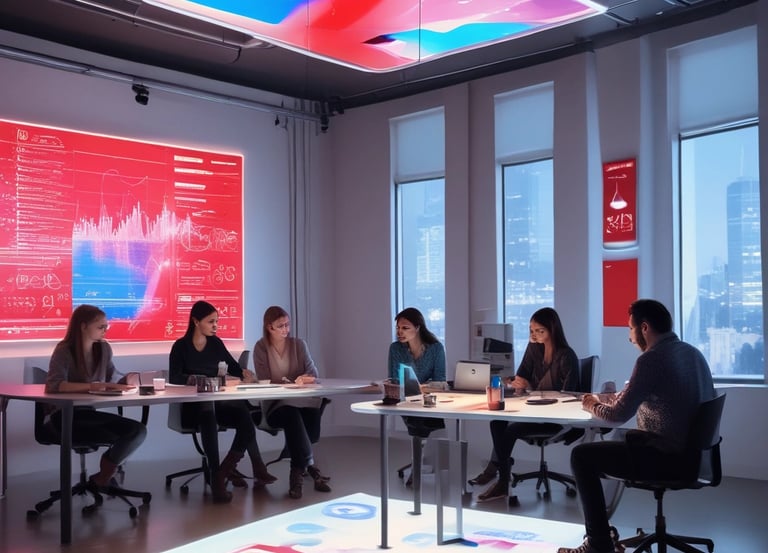 A modern office space with a team collaborating on marketing strategies.