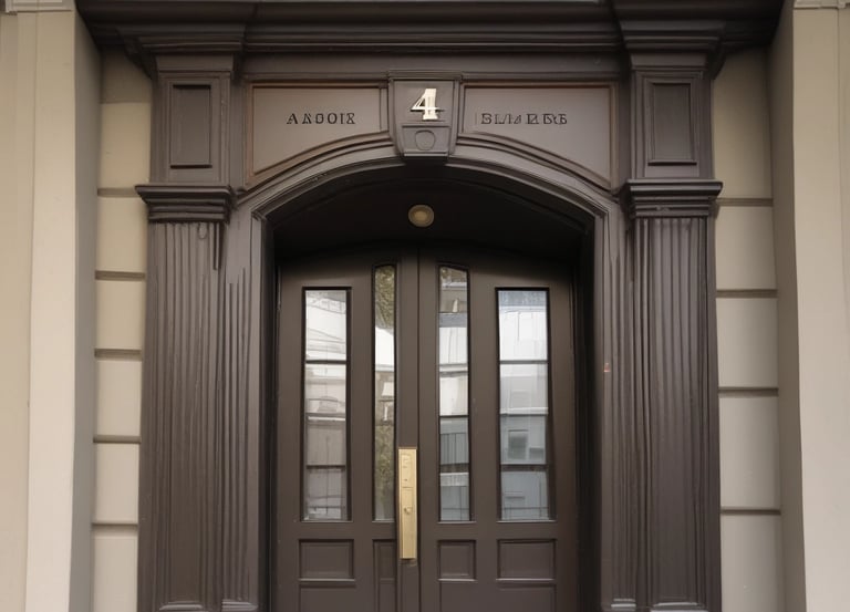 A close-up view of an exterior building wall with horizontal paneling painted in a soft pink color. The central focus is a large rectangular plaque stating 'LAW OFFICE 823' in bold letters. The paneling and design suggest a historical or vintage style.