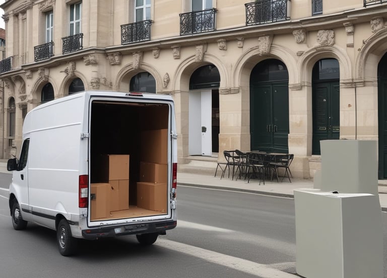 A delivery van with icons representing fast shipping across France.