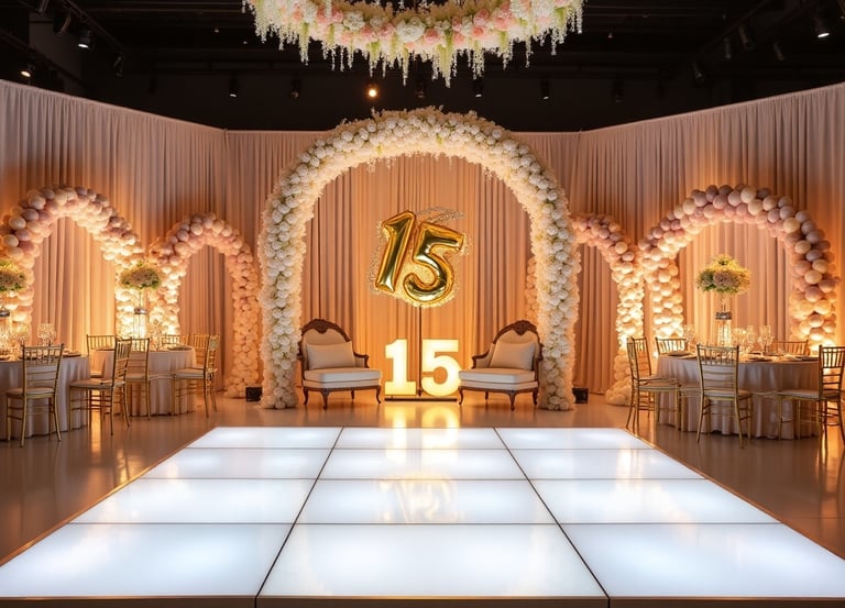 Luxury Quinceañera event setup in Miami showcasing full-service planning with floral arches, gold '15' centerpiece, luxury da