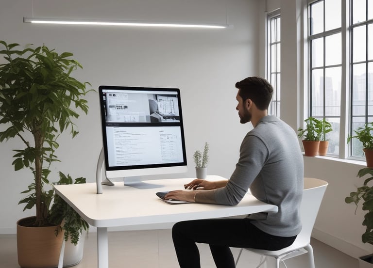 Two people are interacting with a laptop on a white standing desk. The laptop screen displays a webpage related to social wall solutions for hashtag campaigns. The setting appears to be a modern office with several chairs, tables, and a large plant in the background. One person is wearing a colorful floral top and the other is in a dark t-shirt.