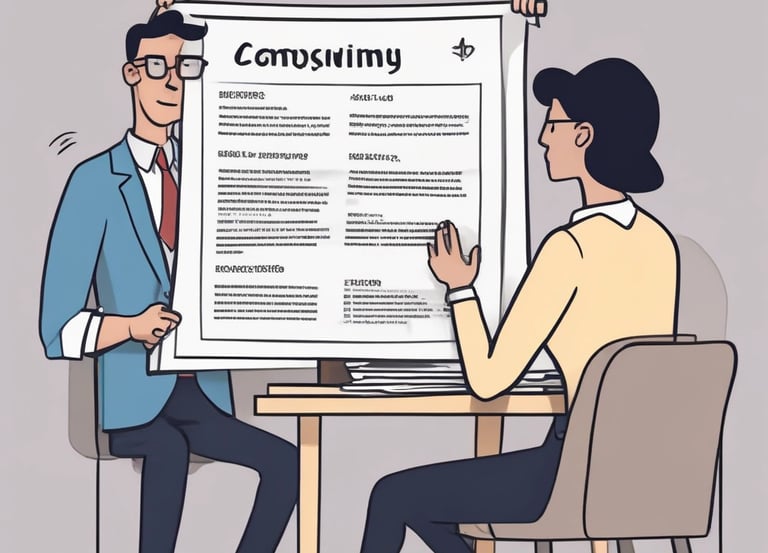 A person is holding a resume in front of them while sitting at a white table. Another person, slightly blurred, is seated across the table. The resume has a blue header with the name and title 'Lauren Chen, Digital Marketing Specialist'. Sections visible include contact information, education, and professional experience.