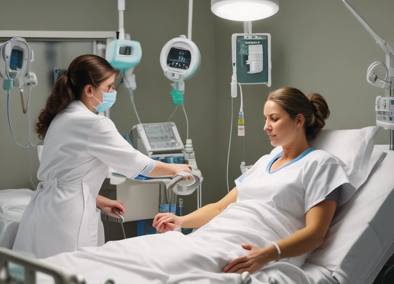 A miniature figurine of a nurse stands beside a hospital bed with a patient lying under a white blanket. The scene is minimalist with a pale background, emphasizing the medical figures.