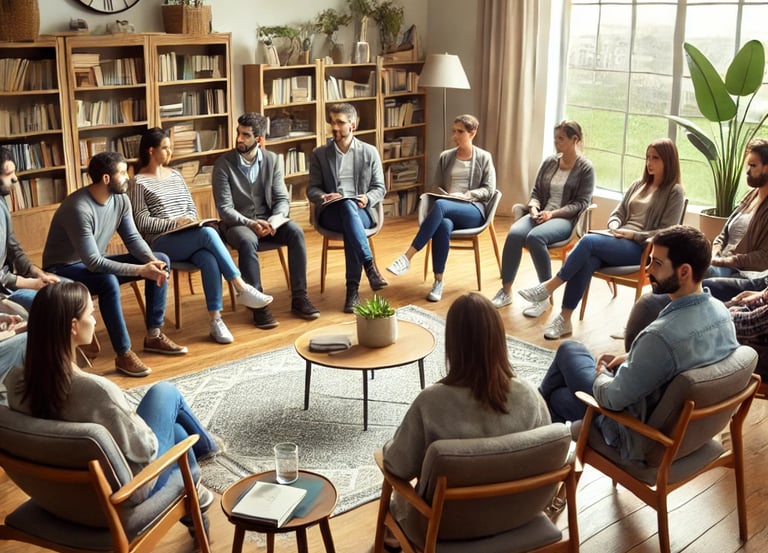 Terapia grupal en un ambiente calido, con gente en circulo sentado en sillas