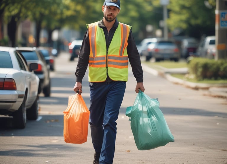A friendly valet collecting trash bags from apartment doorsteps.