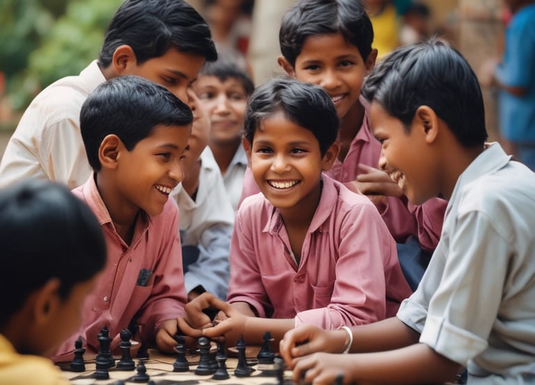 A vibrant classroom setting with students engaged in a chess lesson.
