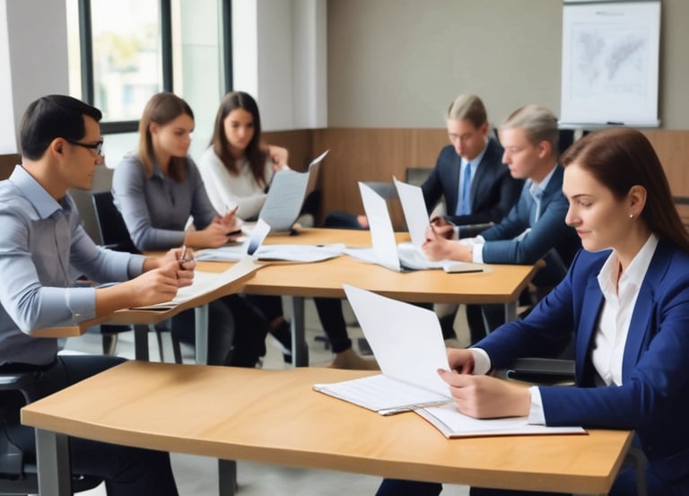 A professional consultant discussing safety protocols with a team in an office setting.