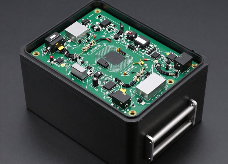 Close-up of a sleek electric vehicle battery pack with glowing indicators showing temperature and voltage levels.