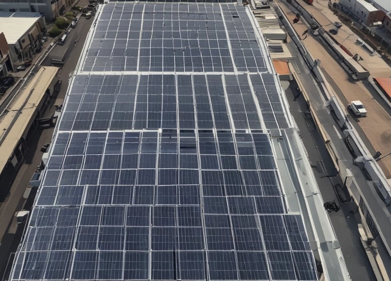 A row of solar water heaters is installed on the rooftop of a building, with the units aligned in parallel. The background features a clear sky transitioning into a warm, early morning or late afternoon glow.