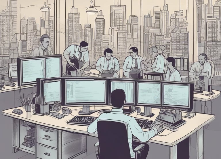 The image depicts an office space with several computer monitors on desks. A red digital display on the wall reads 'Portal Correio'. The room has glass partitions and a modern, streamlined design. Overhead fluorescent lights provide illumination.