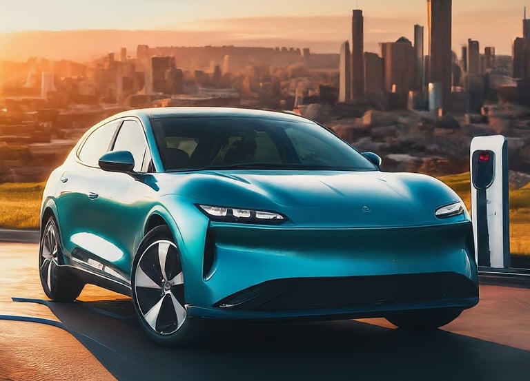 A blue electric car besides an EV charger