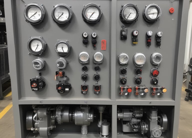 Technician inspecting a hydraulic power unit in an industrial setting.