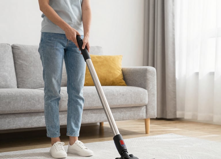A friendly cleaner carefully wiping a kitchen countertop with natural light streaming in.