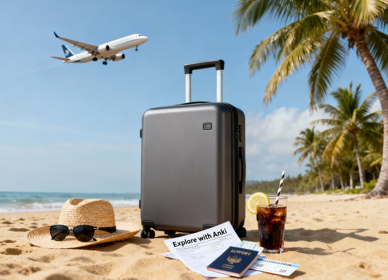 a suitcase and passport case sitting on a beach