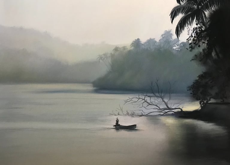 Misty landscape with palm trees on the river in Goa