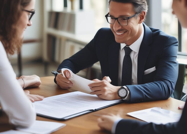 A confident insurance agent discussing trust investment options with a client across a sleek office desk.