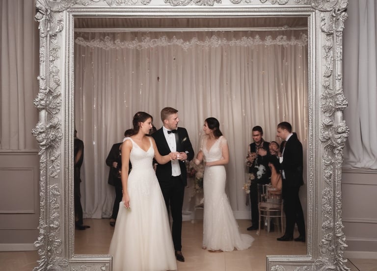 A vibrant photo booth setup at a wedding event with guests enjoying.