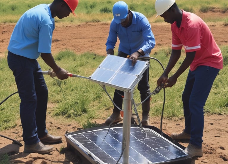 Solar-powered water pump operating in a lush green agricultural field under a bright blue sky.