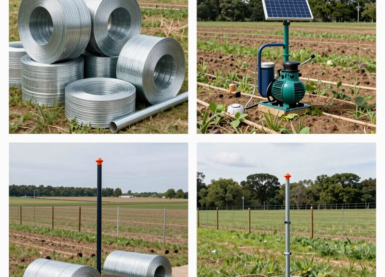 A modern agricultural field with solar panels and irrigation systems in use.