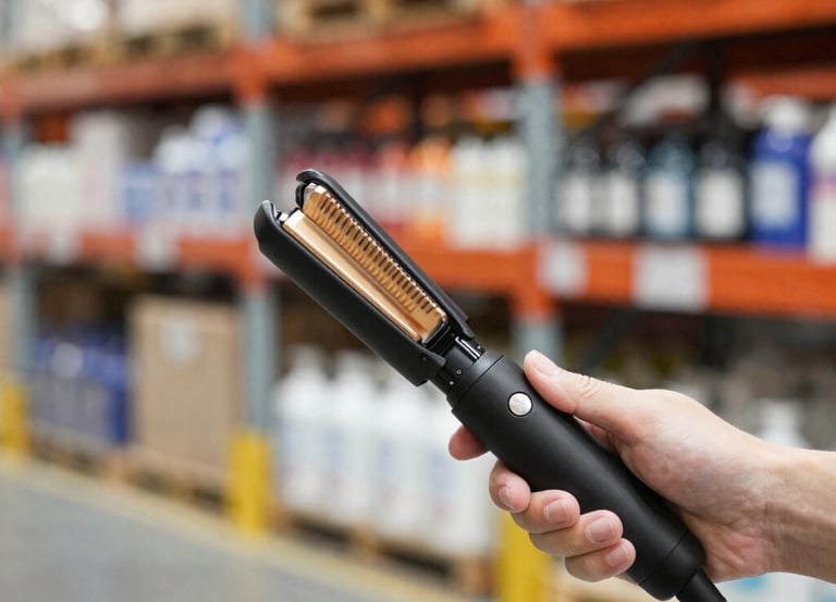 A skilled technician assembling a sleek hair straightener in a bright, modern workshop.