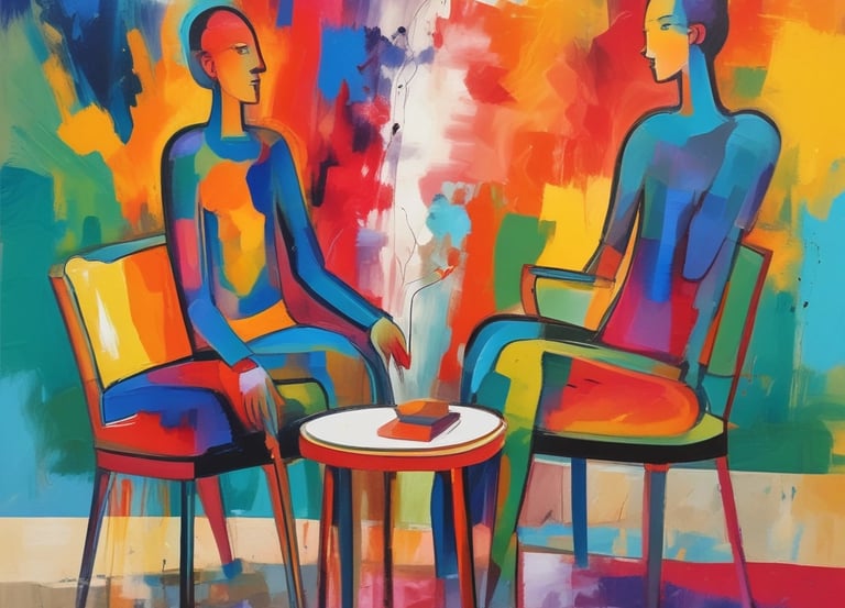 A calm, inviting consultation space with soft purple accents and cozy seating.