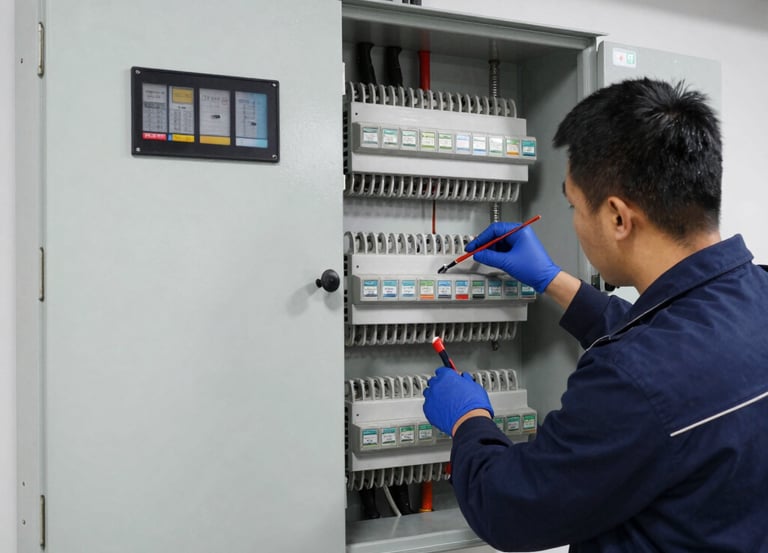 Skilled workers installing modern electrical wiring on a new home construction site.