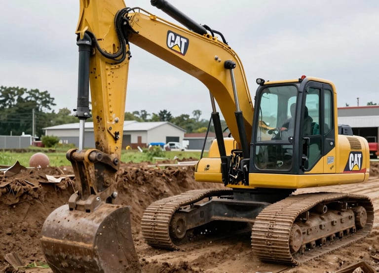 A yellow Caterpillar hydraulic excavator digging a trench at a site with #WORK on the arm