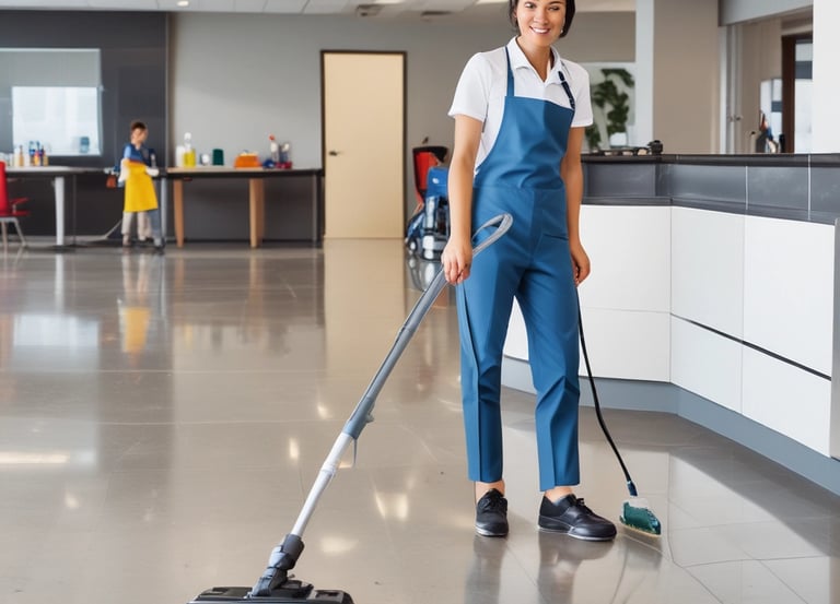 A professional cleaner carefully wiping a kitchen countertop in a bright, tidy home.
