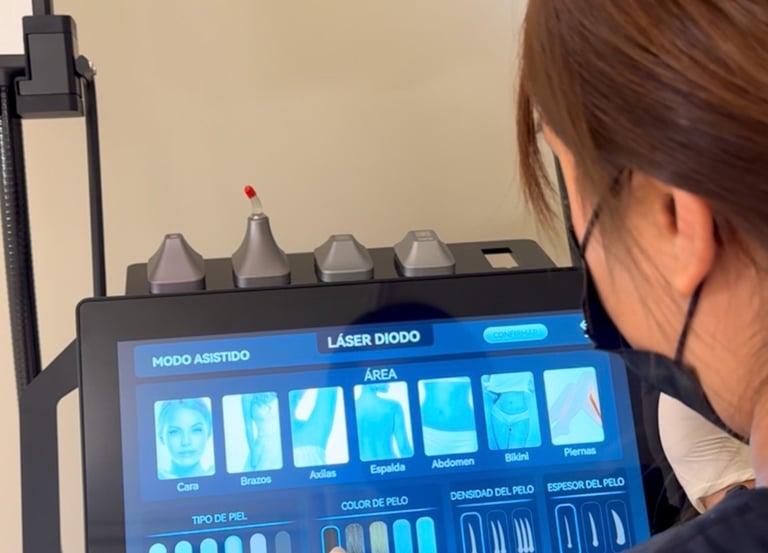Esthetician using a professional diode laser hair removal machine touchscreen to select treatment settings.