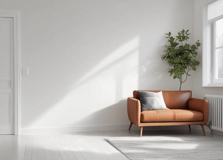 Photo of a worker repairing a wall in a bright, modern home interior.