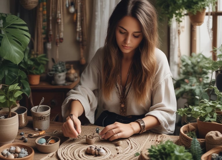 mujer en taller bohemio creando joyeria en macrame con piedras naturales