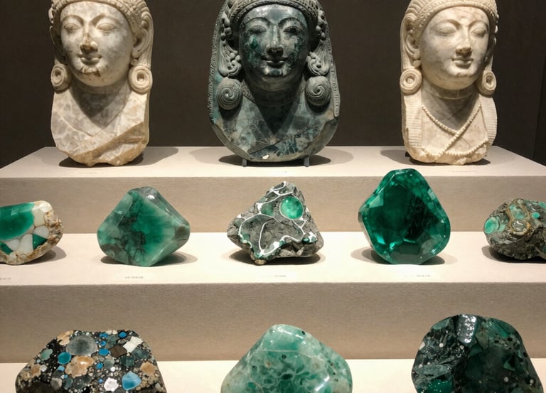 Elegant gallery interior highlighting rare emerald sculptures under soft golden lighting.