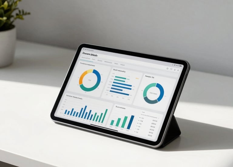Digital tablet on a white desk displaying a business analytics dashboard with colorful charts and graphs.