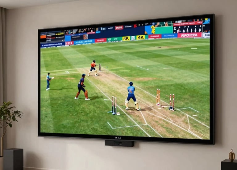 A high-end home theater in a modern house with Global / Indian-influenced decor, showing a large screen displaying a vivid live cricket match in 4K resolution, cinematic lighting with soft off-white and deep blue tones.