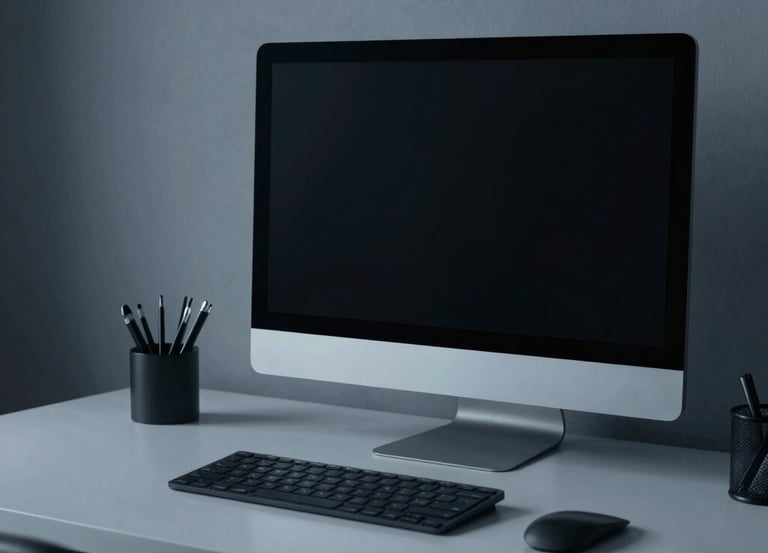 A sleek workspace with a laptop displaying a crisp, navy and ice blue themed website design.