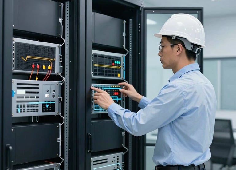 A professional technician setting up secure network hardware in a modern office environment.
