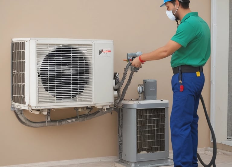 A professional technician cleaning an air conditioning unit in a modern Saudi home.