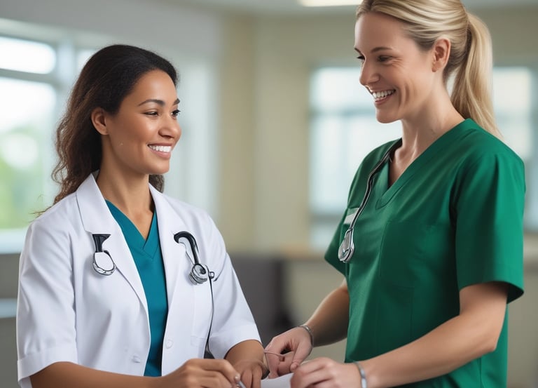 A confident nurse discussing patient care plans with a healthcare administrator in a bright, welcoming facility.