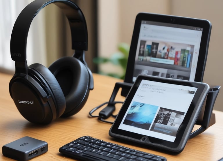 A close-up of sleek mobile accessories including chargers and cases arranged on a wooden table.