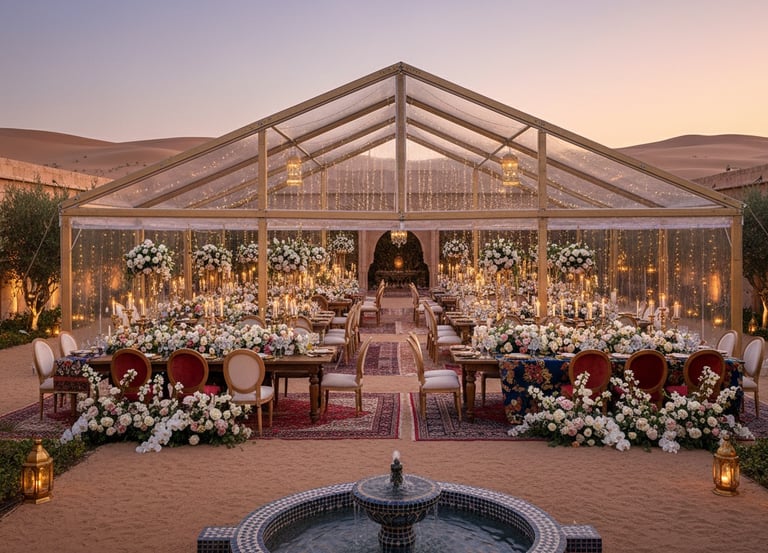 Elegant outdoor wedding reception in a clear marquee tent set against desert sand dunes at sunset.